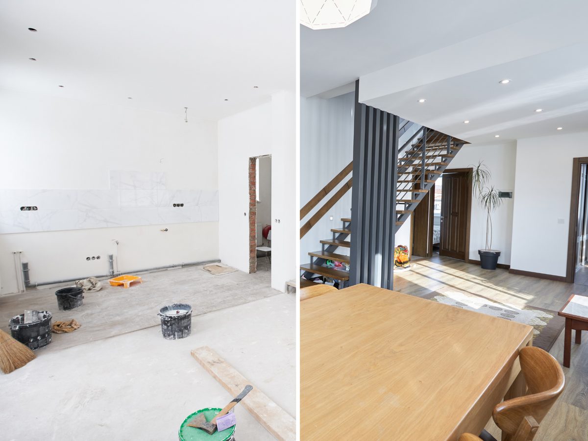 Before and after of a home remodel: a bare room under construction beside the finished open-plan living space.